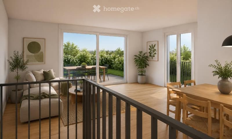 Modern open-plan living and dining area with large sliding glass doors leading to a balcony, featuring a grey sectional sofa, coffee table, dining table with chairs, and potted plants.