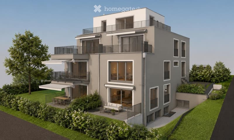 Modern3-story house with grey facade, multiple balconies, large windows, and a landscaped garden area with outdoor seating.