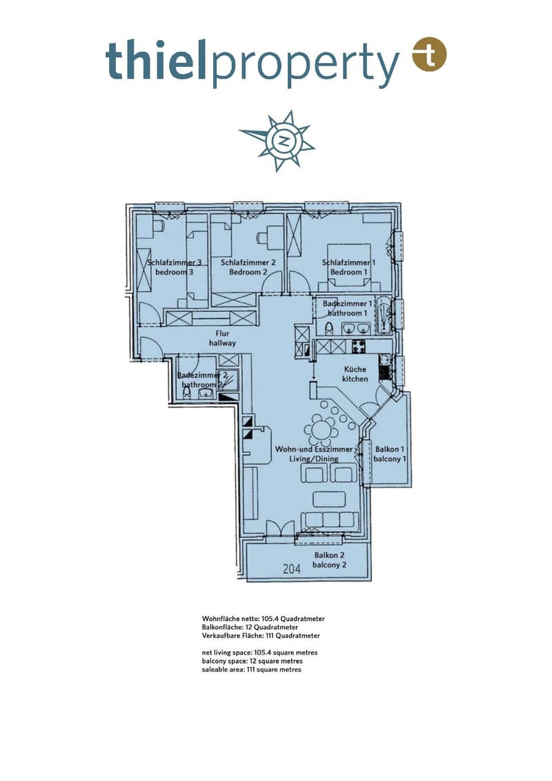 Floor plan of a 105.4 square meter apartment with three bedrooms, two bathrooms, a kitchen, a living/dining area, and two balconies.