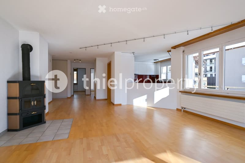 Bright hallway with wooden flooring, white walls, and a modern wood-burning stove on the left side.
