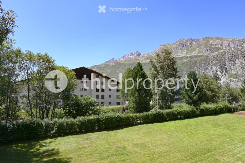 A well-maintained lawn in front of a multi-story building, surrounded by trees and shrubs, with a mountain range in the background.
