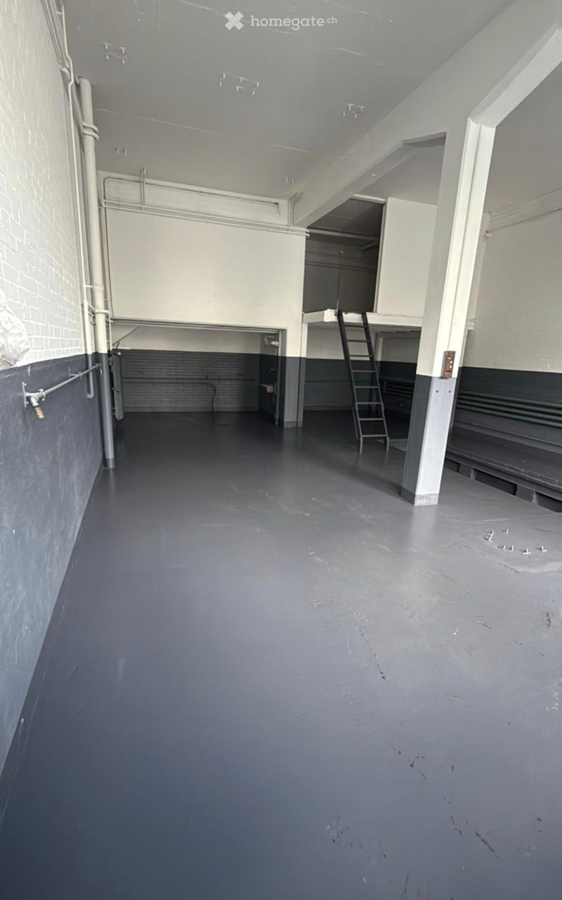 Empty room with grey walls, dark grey floor, and a ladder leading to an upper level. No furniture or equipment visible.