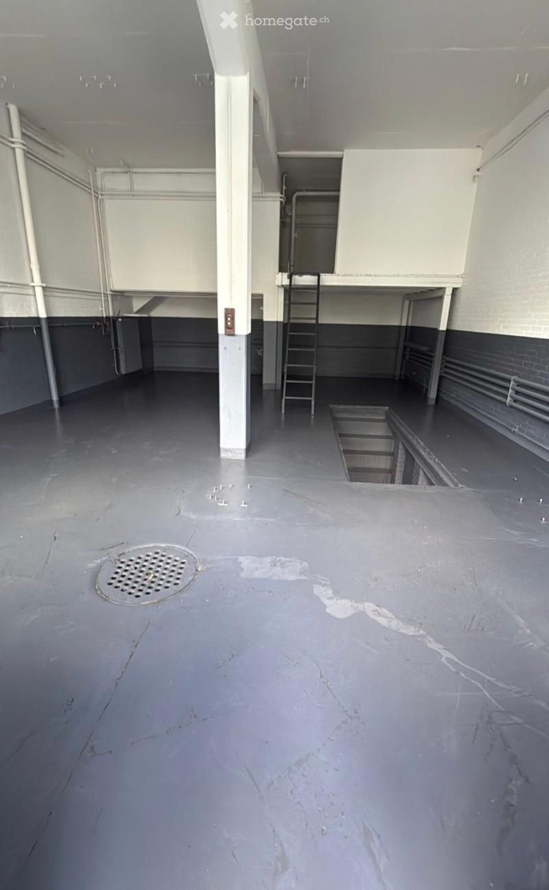 Empty industrial-style room with a concrete floor, metal pillars, and a ladder leading to an upper level. No furniture or equipment is present.
