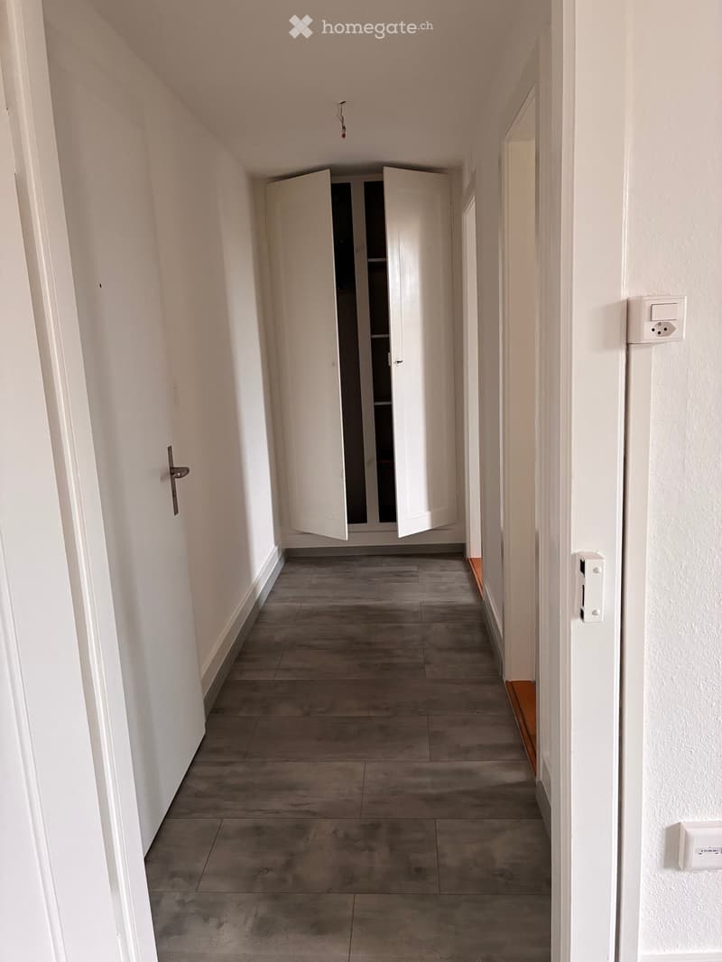 A clean, modern hallway with white walls, grey tiled floor, and white cabinetry visible at the end.