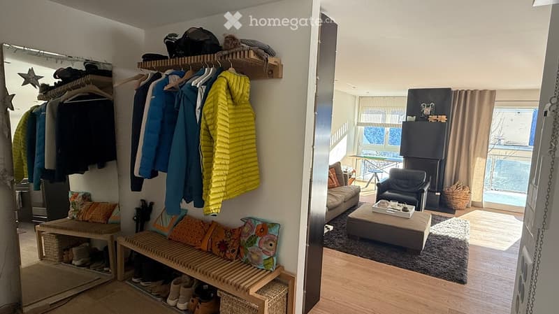 shoe bench, closet, clothes hanging, couch, chair, window, table
