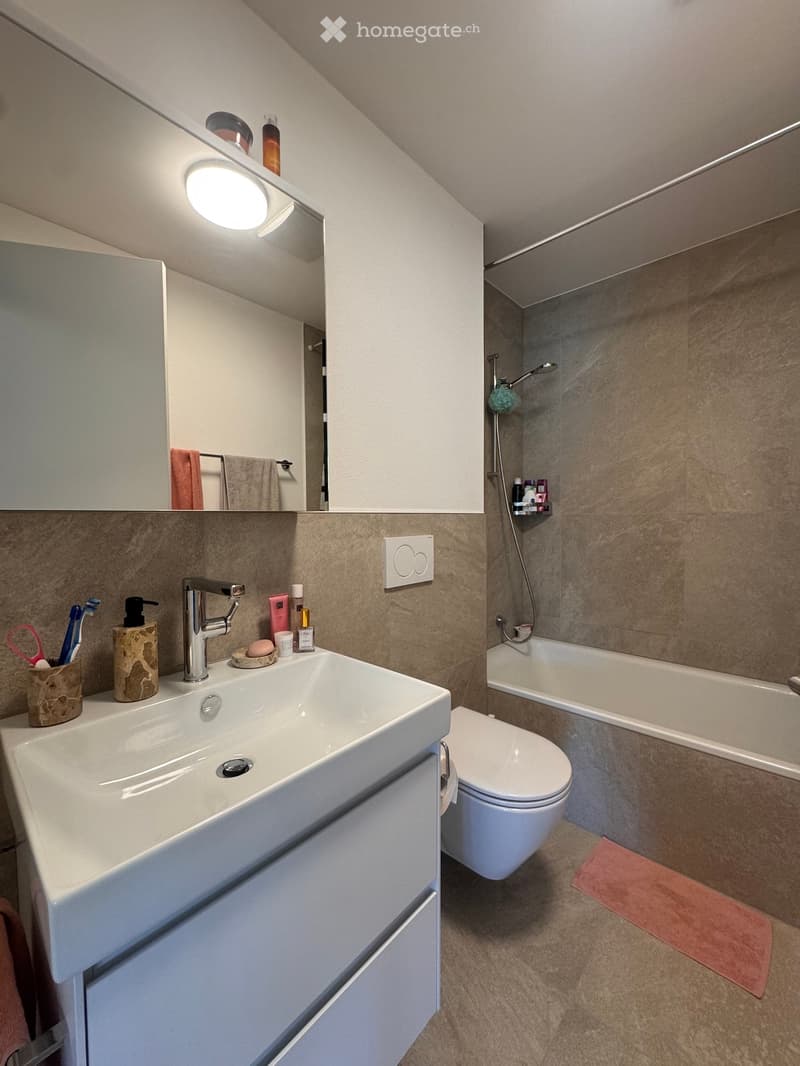 Modern bathroom with a white sink, chrome faucet, toilet, bathtub, and mirror. Includes a towel, toothbrush holder, and various toiletries.