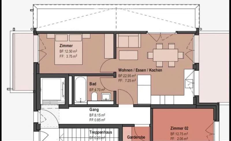 Floor plan showing a living/dining/kitchen area, two bedrooms, a bathroom, hallway, staircase, and closet.