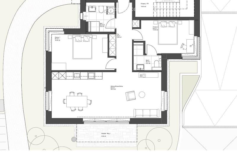 Floor plan of a multi-room apartment with two bedrooms, two bathrooms, a living room, a dining area, and a kitchen.