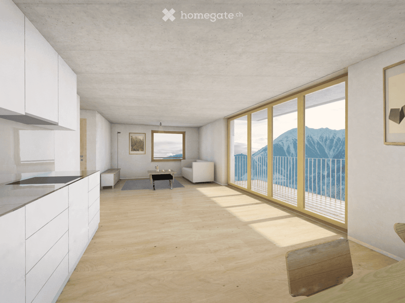 Modern, minimalist room with light wooden flooring, white cabinetry, a sofa, a small table, and large windows offering a scenic mountain view.