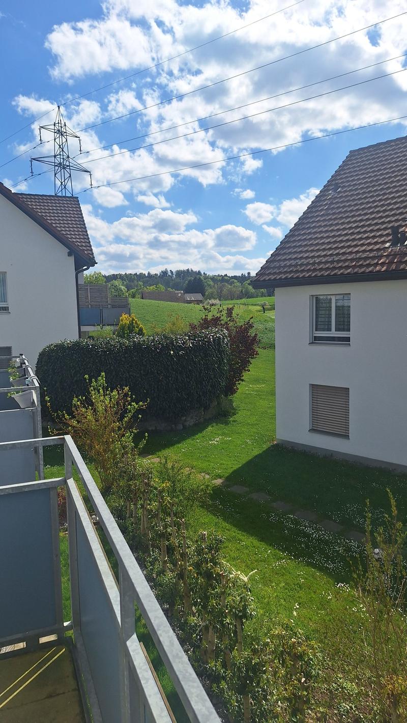 A well-maintained garden with a hedge, lawn, and small plants, viewed from a balcony with a railing. The background shows a rural landscape with fields and houses.