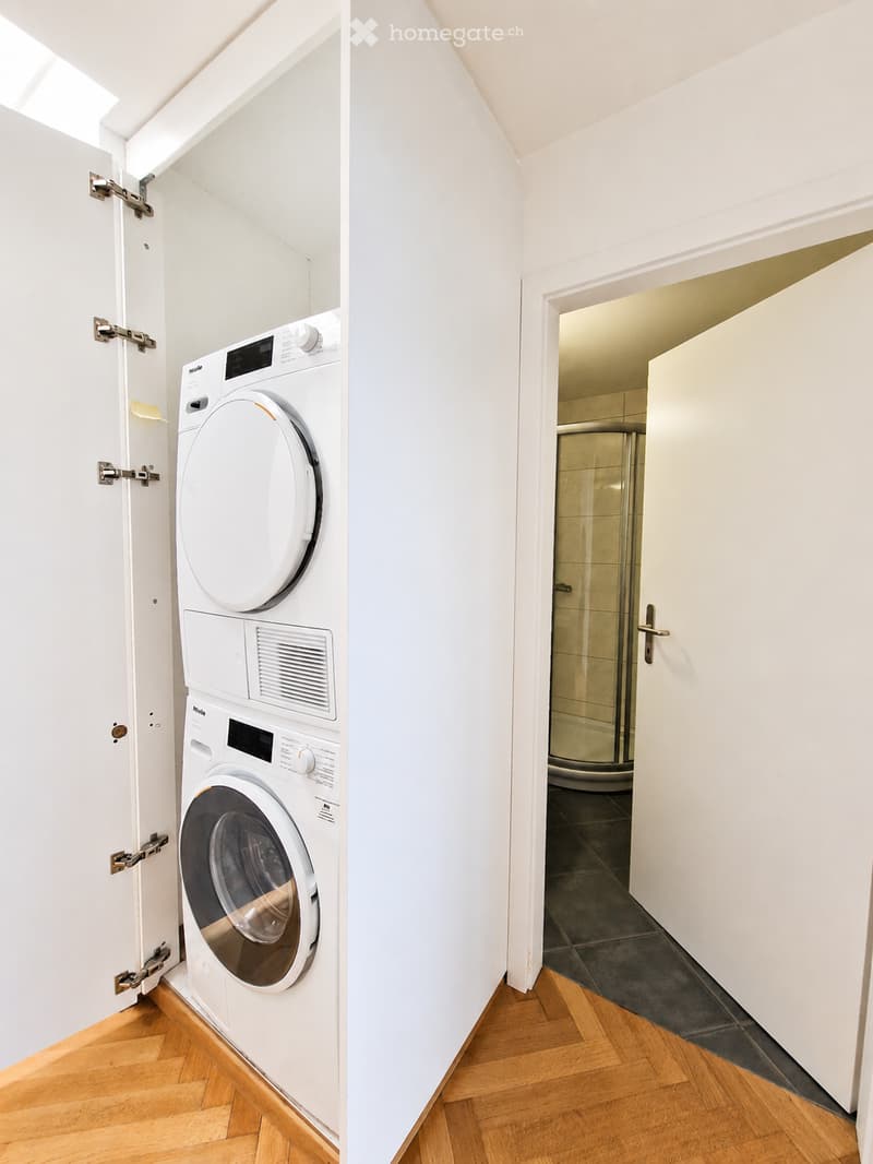 Modern bathroom with a washing machine and dryer unit, a glass-enclosed shower, and wooden flooring.