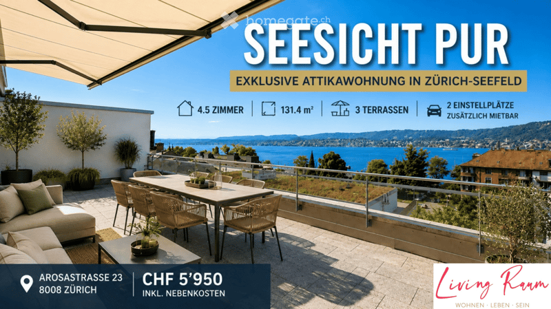 Outdoor terrace with a view of a lake and surrounding landscape, featuring a sofa, table, and chairs.
