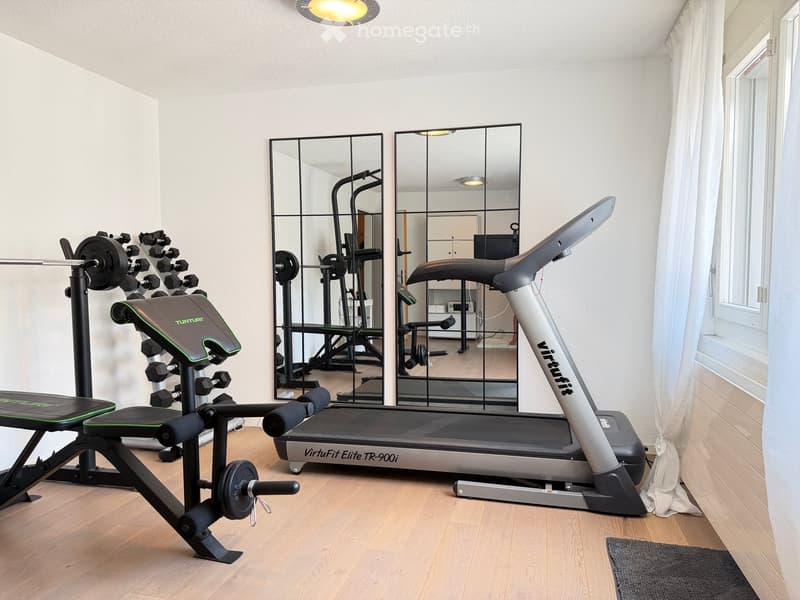 Well-equipped home gym with a treadmill, weight bench, dumbbells, and large mirrors.