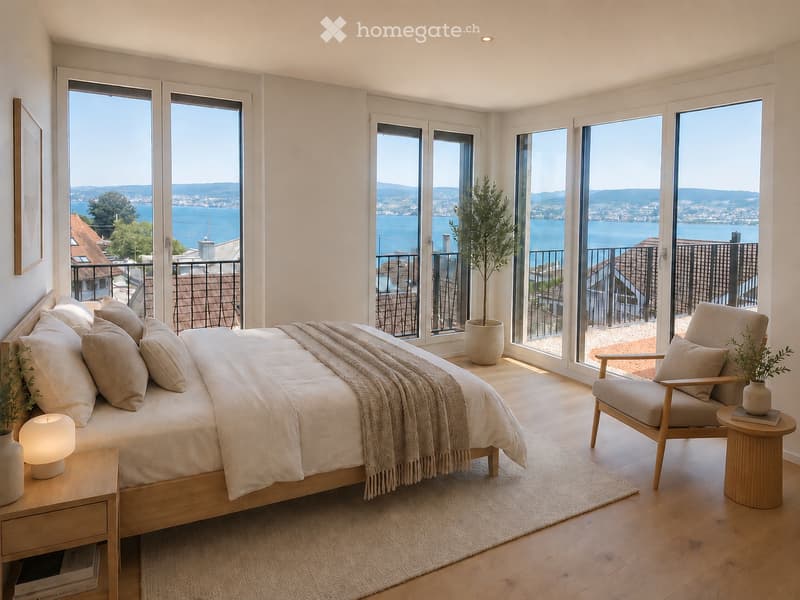 Bright bedroom with large windows offering a scenic view, featuring a wooden bed, nightstand, armchair, side table, and decorative plants.