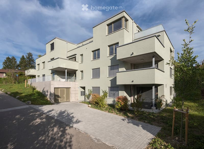Modern two-story house with light gray exterior, multiple windows, and a garage entrance. Features a raised ground floor and a balcony on the upper level.