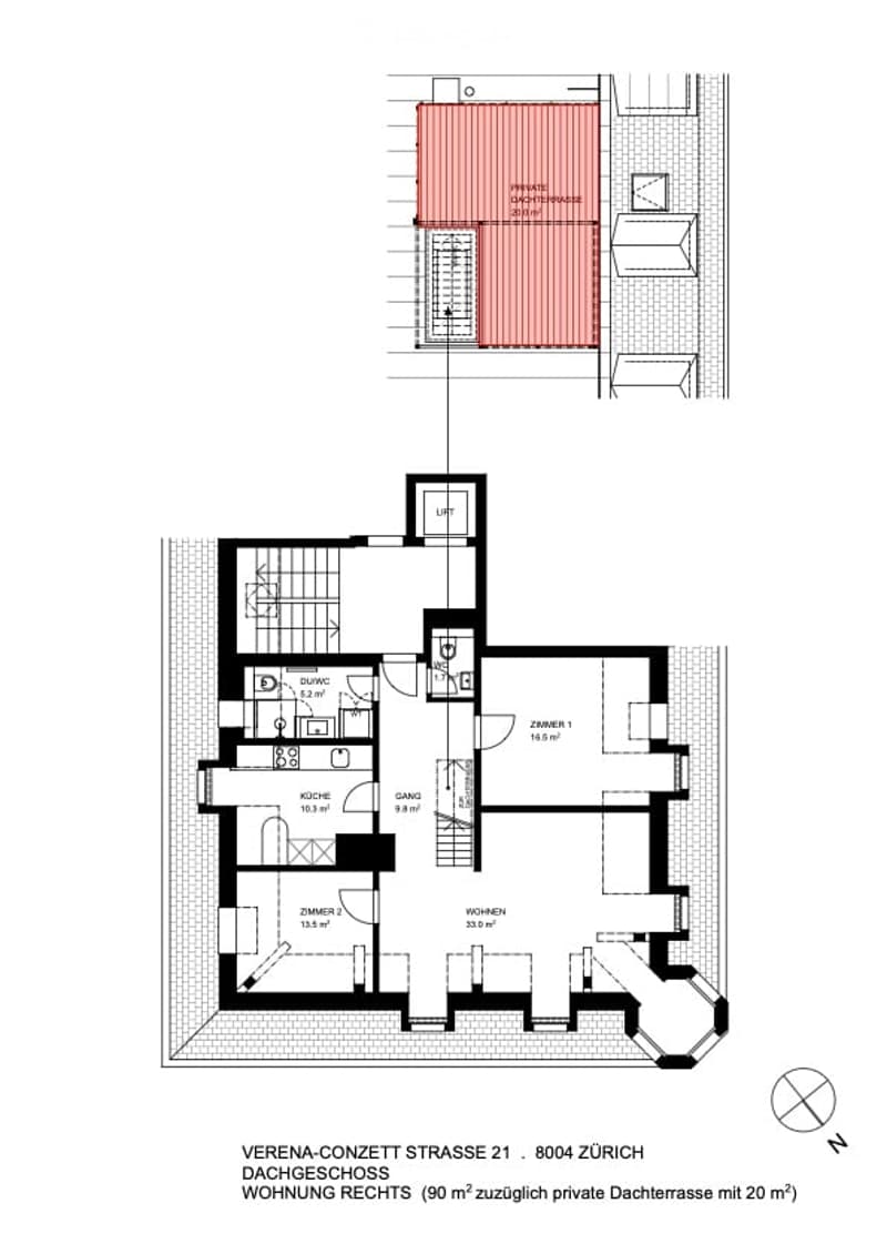 Floor plan of a top-floor apartment with a private roof terrace. Layout includes living room, kitchen, two bedrooms, and a bathroom.