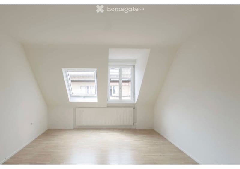 Empty attic room with wooden flooring, white walls, and two skylight windows. A radiator is mounted on the wall below the windows.