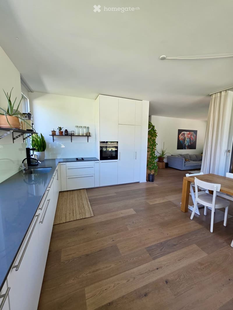 Open-plan kitchen and living area with white cabinets, dark countertops, wooden flooring, a sofa, dining table, and various decorative items including plants and artwork.