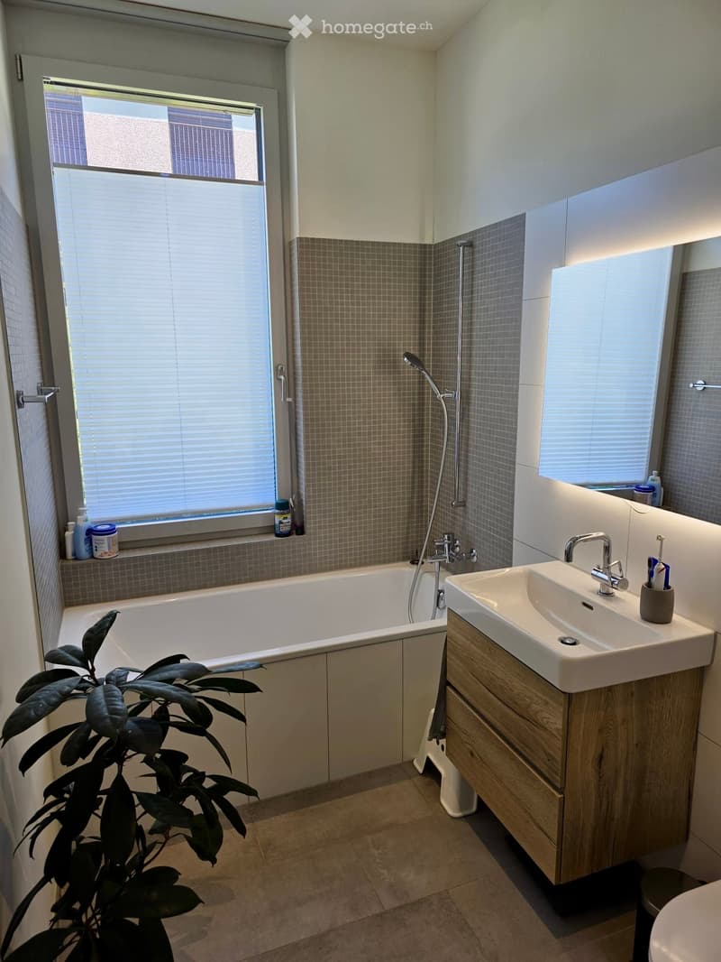 Modern bathroom with a bathtub, sink, and a small plant in the corner. The room features tiled walls, a large window with blinds, and a wooden vanity cabinet.