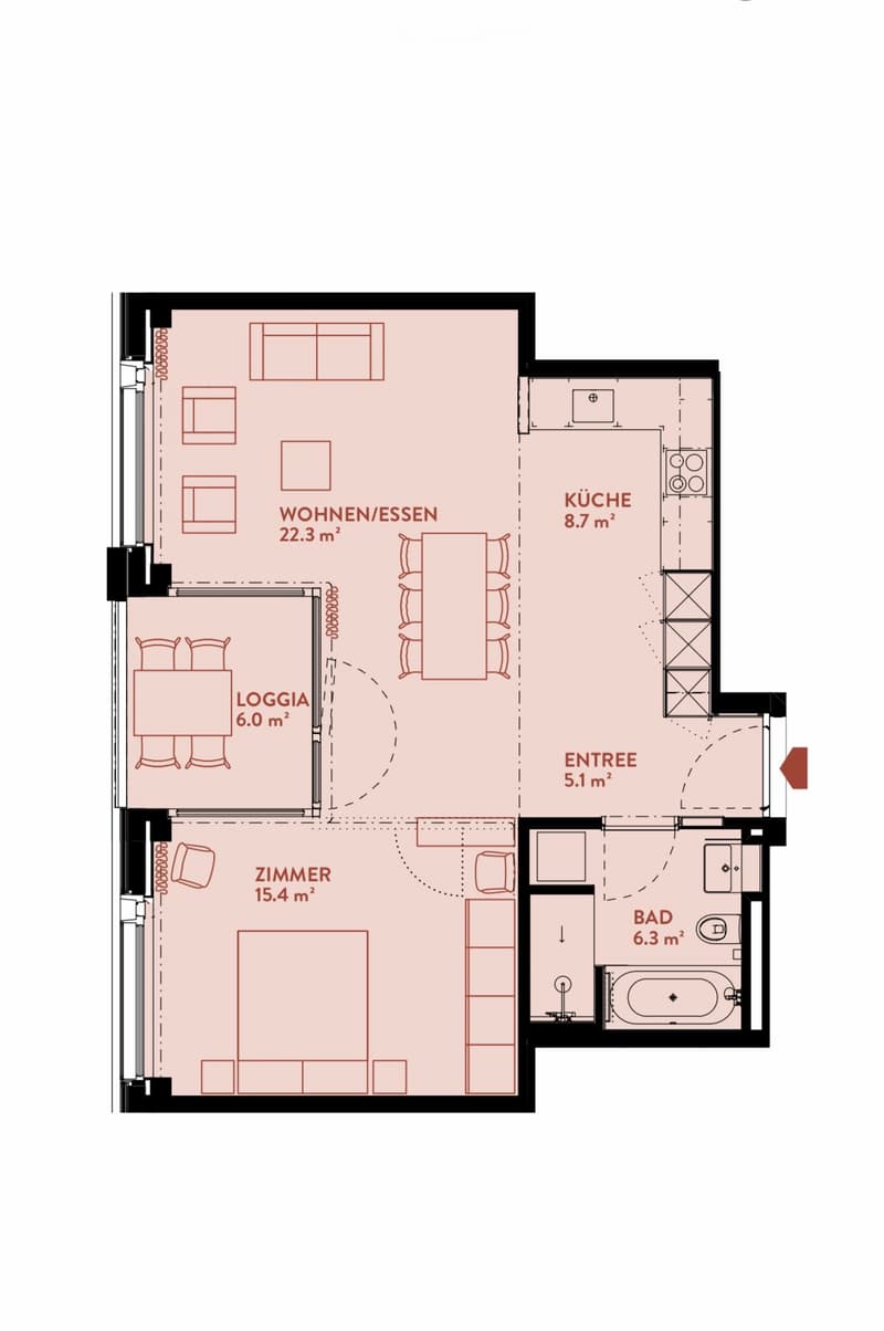 Floor plan of a 2-room apartment with a living/dining area, kitchen, bedroom, bathroom, and loggia.