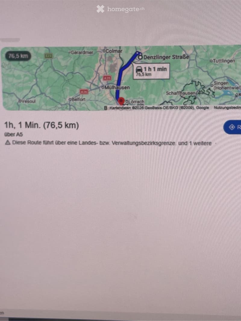 Route map showing a journey from Lorrach to Denzlinger Straße, covering76.5 km and taking approximately 1 hour and 1 minute via the A5 highway.