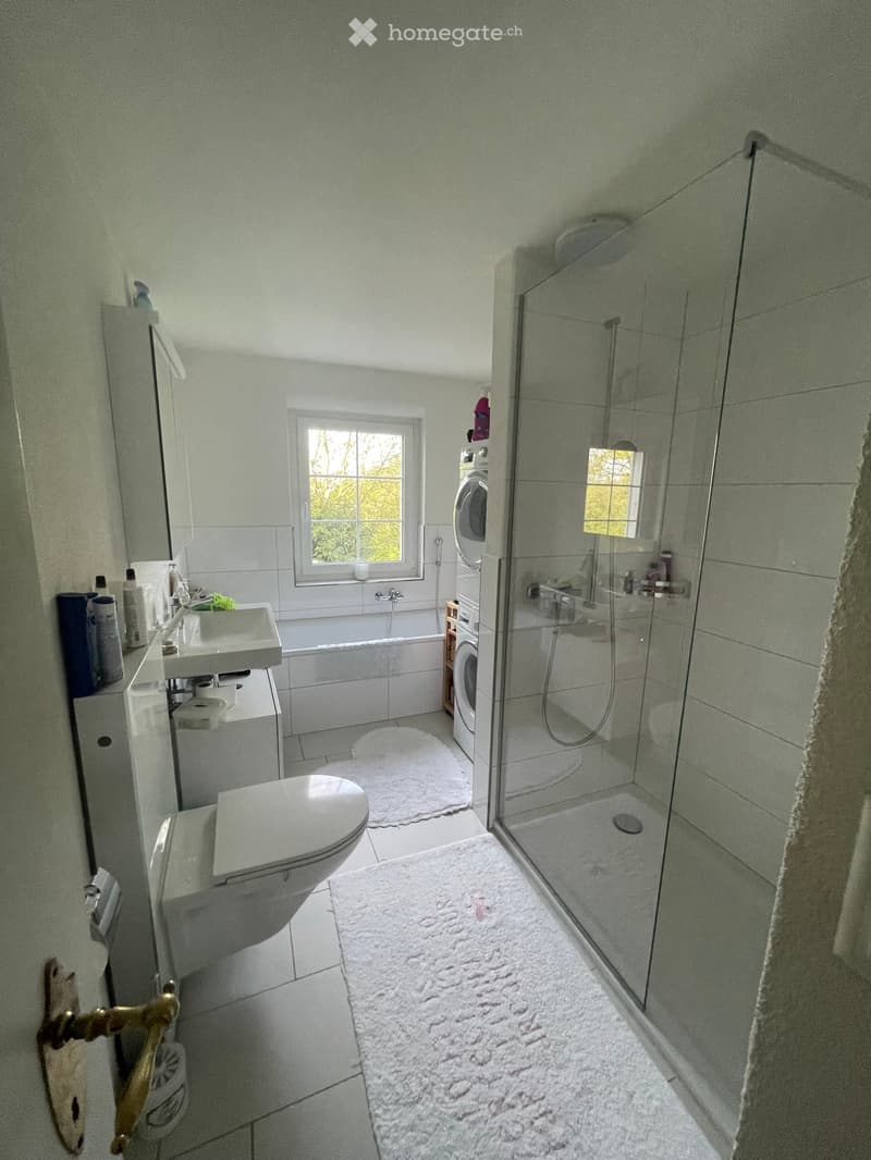 Modern bathroom with white tiles, a bathtub, a glass-enclosed shower, a toilet, a sink, and a washing machine. The space includes a window, a mirror, and a bathroom rug.