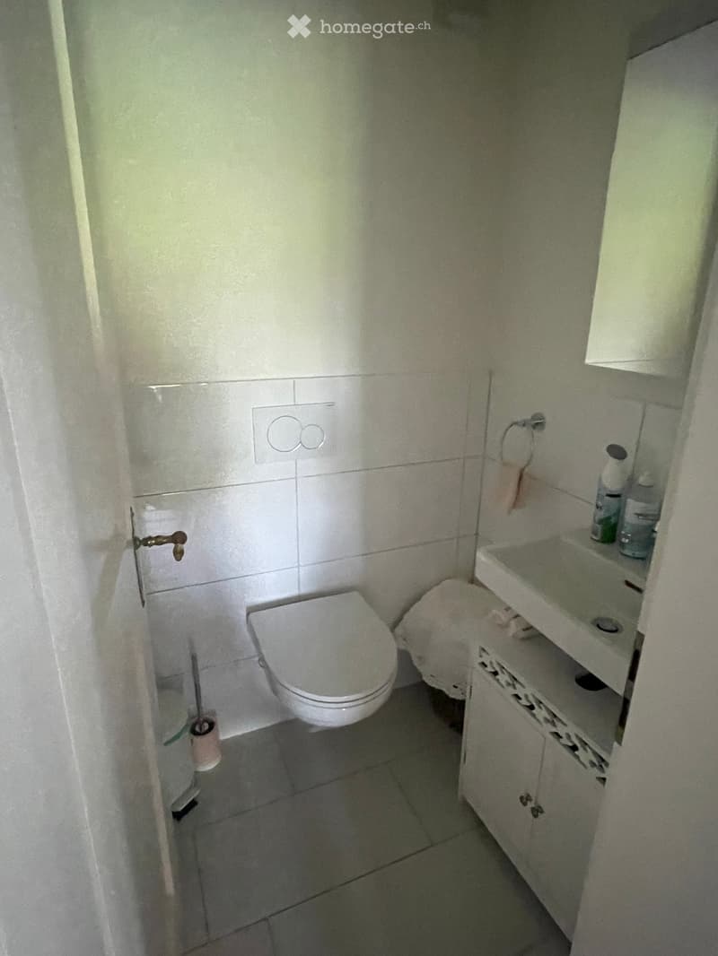 Small bathroom with white tiled walls and floor, featuring a toilet, sink with cabinet, and toilet paper holder.