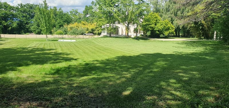 Well-maintained lawn with trees and a house in the background.