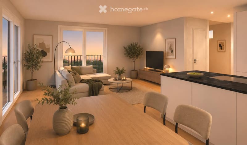 Modern, open-concept living and dining area with a white sofa, coffee table, dining table with chairs, and a kitchen island. Features large windows with a balcony view, floor lamp, and decorative plants.