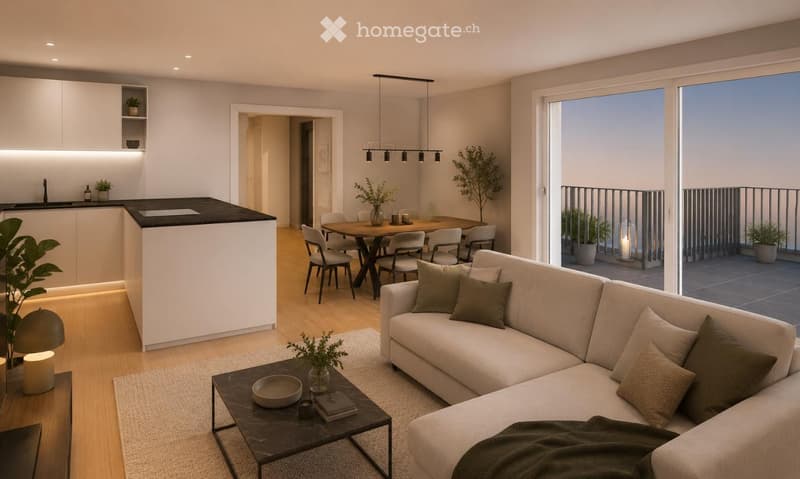 Modern, open-plan living and dining area with a white sofa, coffee table, dining table with chairs, and a kitchen island. Large windows open to a balcony with potted plants. The space features pendant lights, a floor lamp, and decorative vases.