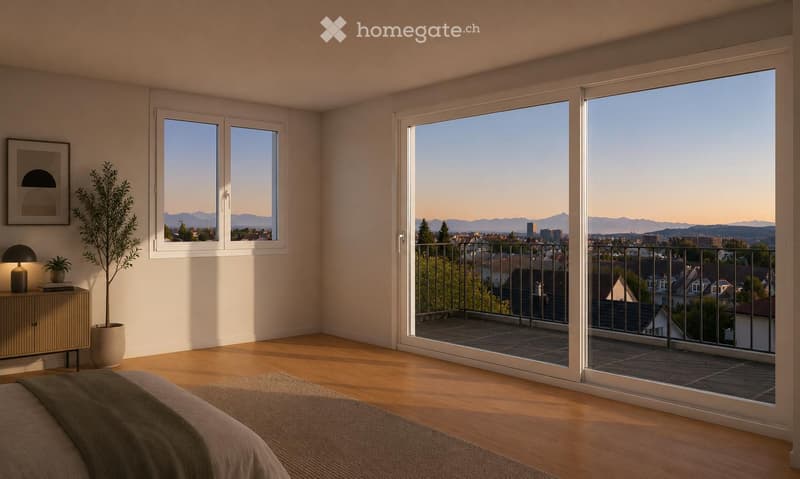 Bright bedroom with wooden flooring, large windows, and a sliding glass door leading to a balcony with a cityscape view.