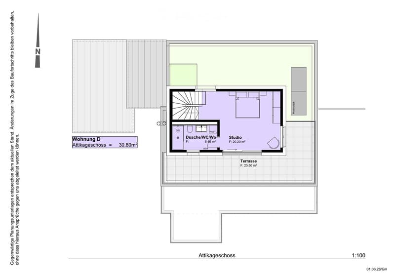 Floor plan of an attic level showing a studio, shower/WC, and terrace. Includes a photo wall and a separate attic space labeled 'Wohnung D'.
