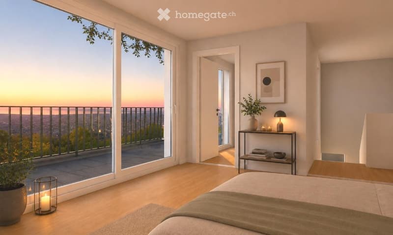 Bright bedroom with wooden flooring, large windows opening to a balcony with city view, side table with lamp, potted plant, and decorative candle holder.