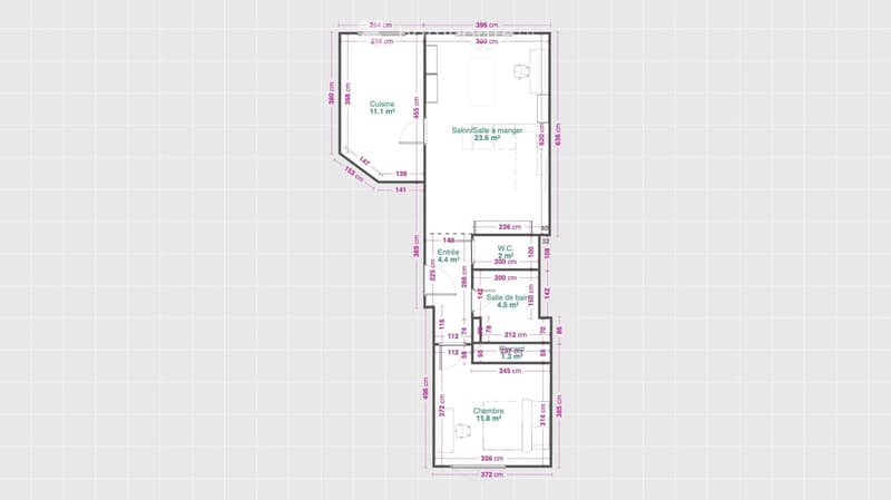 Floor plan of a 4-room apartment including a kitchen, living/dining area, bathroom, hallway, and bedroom.