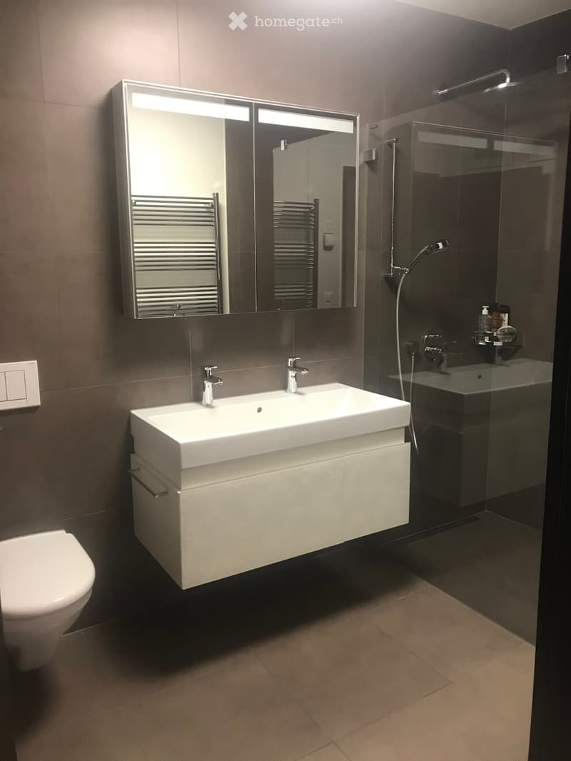 Modern bathroom with a double sink, large mirror, toilet, and glass-enclosed shower area.