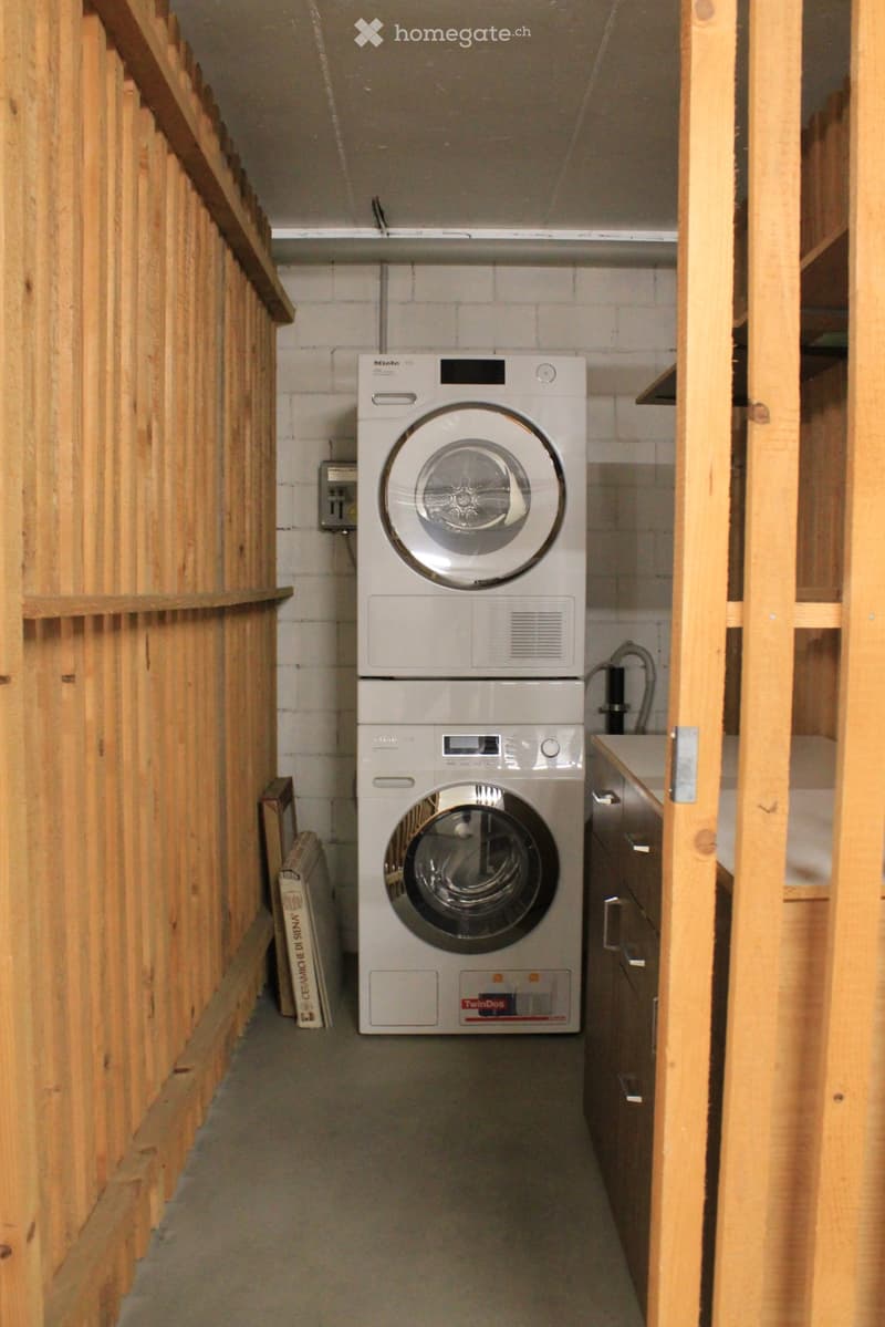 A small, unfinished room with wooden paneling, containing a stacked washing machine and dryer, and a small cabinet.