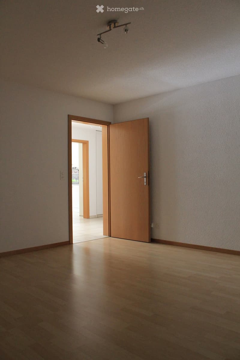 Empty room with wooden flooring, light-colored walls, and a closed wooden door leading to another room.