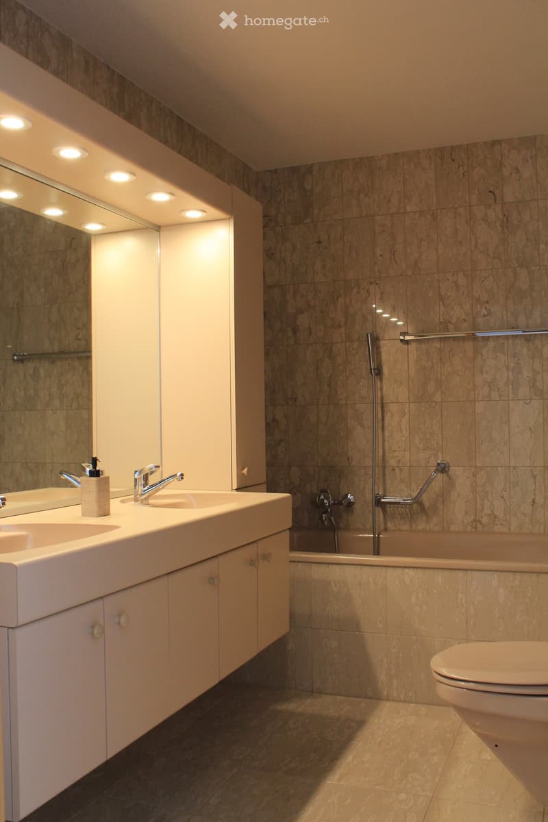 Modern bathroom with double sink, large mirror, bathtub, toilet, and built-in cabinets.