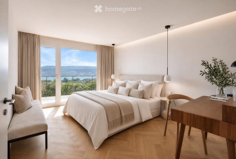 Modern bedroom with a large bed, bench seating, desk, and a view of the ocean and mountains through large windows.