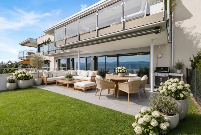 Modern outdoor patio with a white sectional sofa, coffee table, ottoman, round dining table with wicker chairs, grill, and several potted plants.