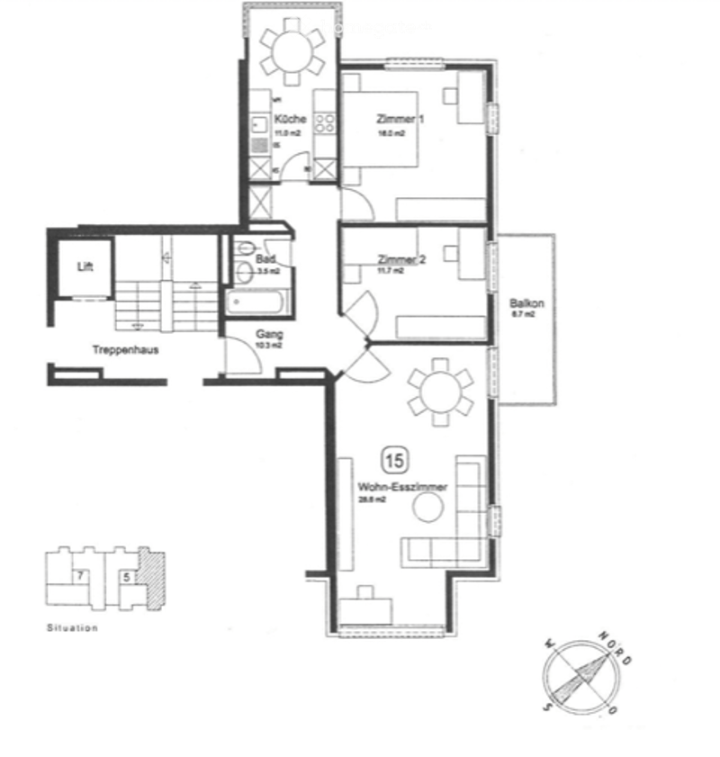 Floor plan of a house with living room, kitchen, two bedrooms, bathroom, hallway, and balcony.
