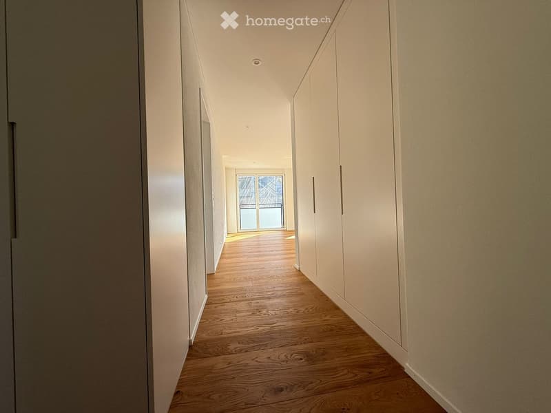 A long, narrow hallway with wooden flooring, white walls, and built-in cabinets on one side. The hallway leads to a room with a large window and a view of a balcony or terrace.