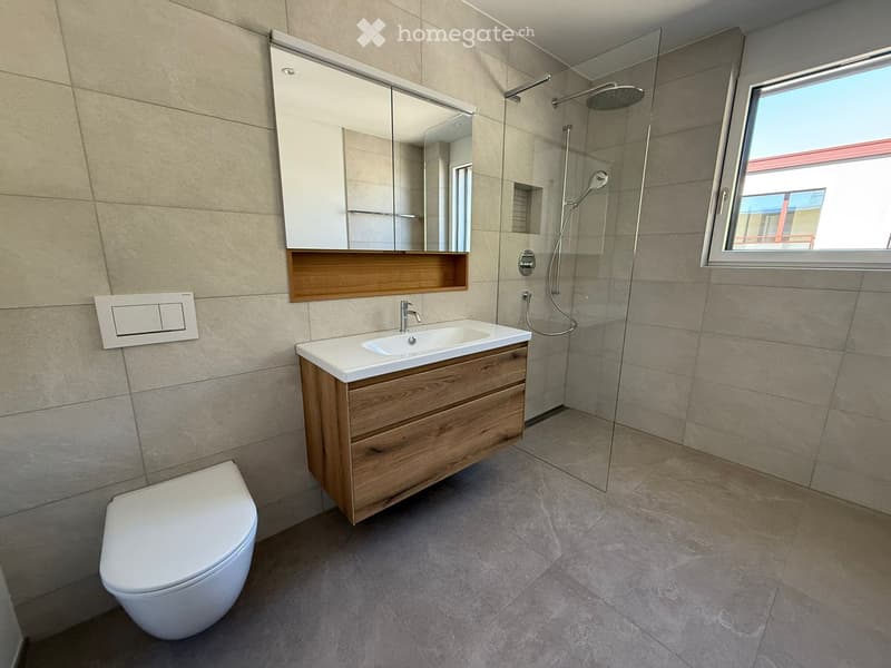 Modern bathroom with a white toilet, wooden vanity with sink, large mirror, and glass-enclosed shower area.