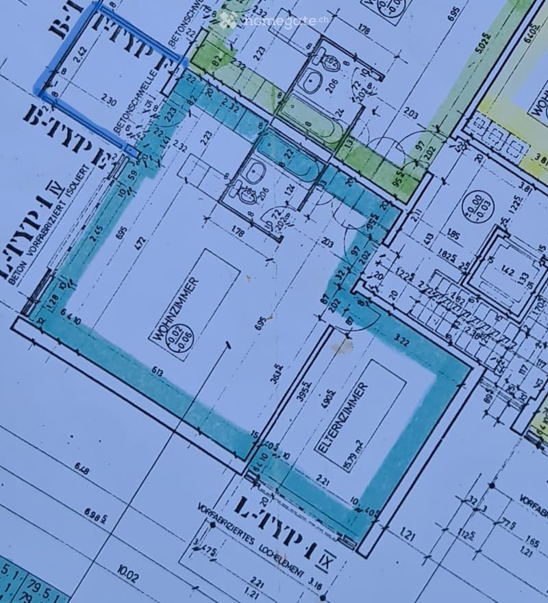 Floor plan showing multiple rooms and areas including living room, kitchen, bedrooms, bathrooms, and outdoor spaces.