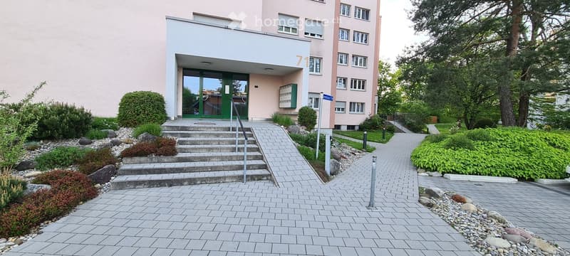 Modern building entrance with green doors, steps, and landscaped surroundings.