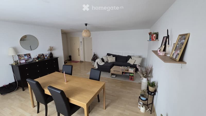 Open-plan living and dining area with a dark grey sectional sofa, wooden coffee table, dining table with chairs, and decorative items including a mirror, lamp, and shelves with picture frames and plants.