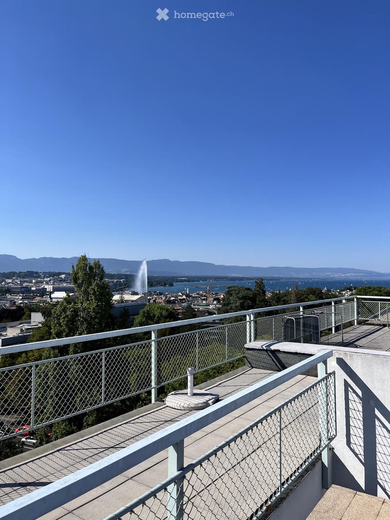 Balcony with metal railing, overlooking a cityscape with a fountain, water body, and distant mountains.