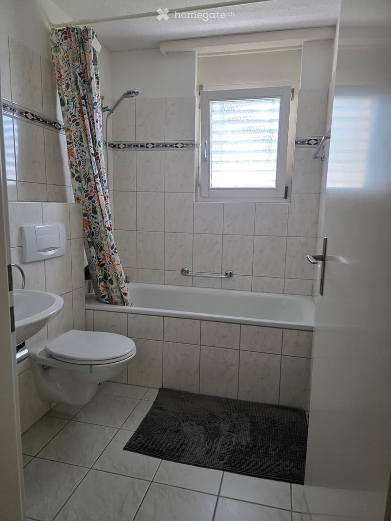 Bathroom with a toilet, bathtub, sink, and a shower curtain. Features a window with blinds and a handrail next to the bathtub.