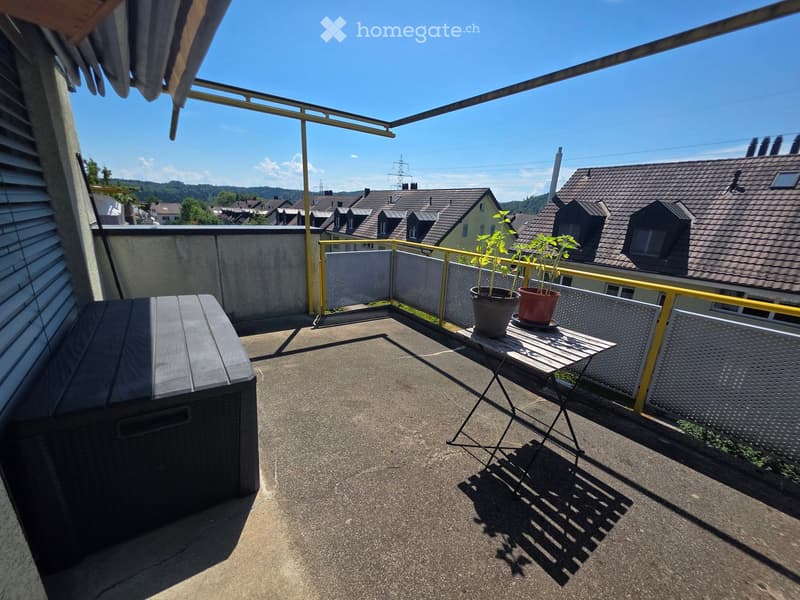 Balcony with a small table, chairs, potted plants, and a storage box, overlooking a residential area with houses and trees.