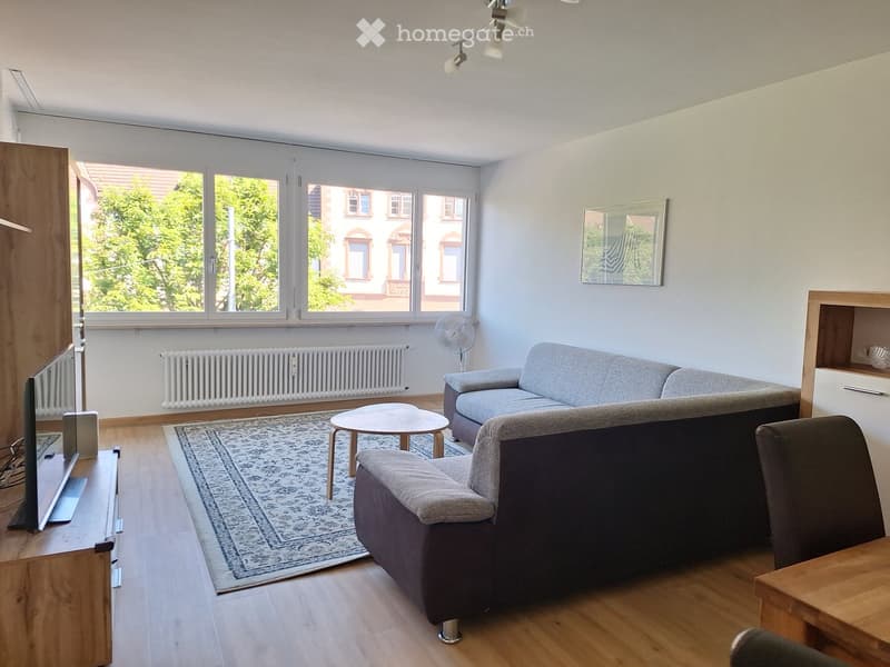 Bright living room with wooden flooring, large windows, a grey sofa, a dark armchair, a small round table, a fan, a TV on a wooden stand, and a patterned rug.
